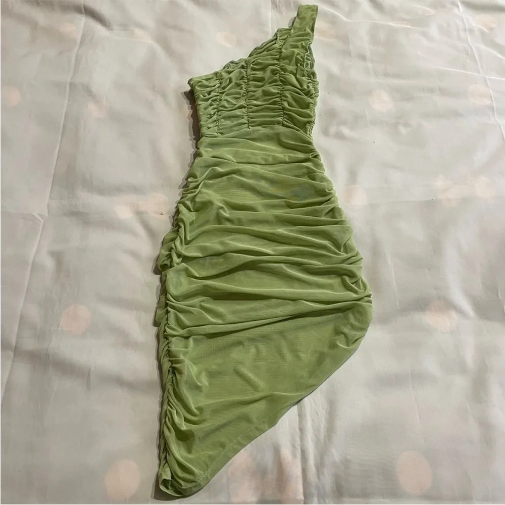 Danielle Guizio- Lime Green One Shoulder Asymmetrical Ruched Midi Dress Size S